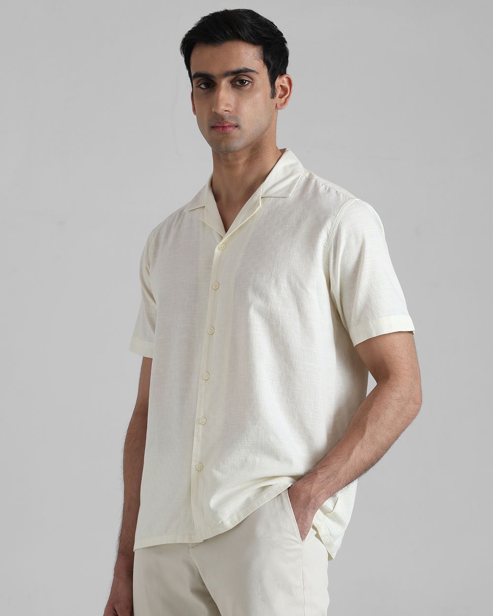Off White Textured Dobby  Slim Fit Casual Shirt