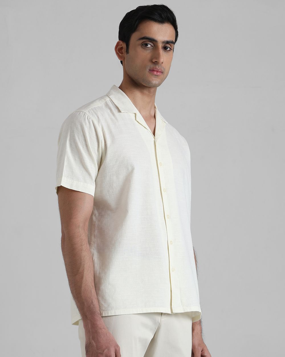 Off White Textured Dobby  Slim Fit Casual Shirt