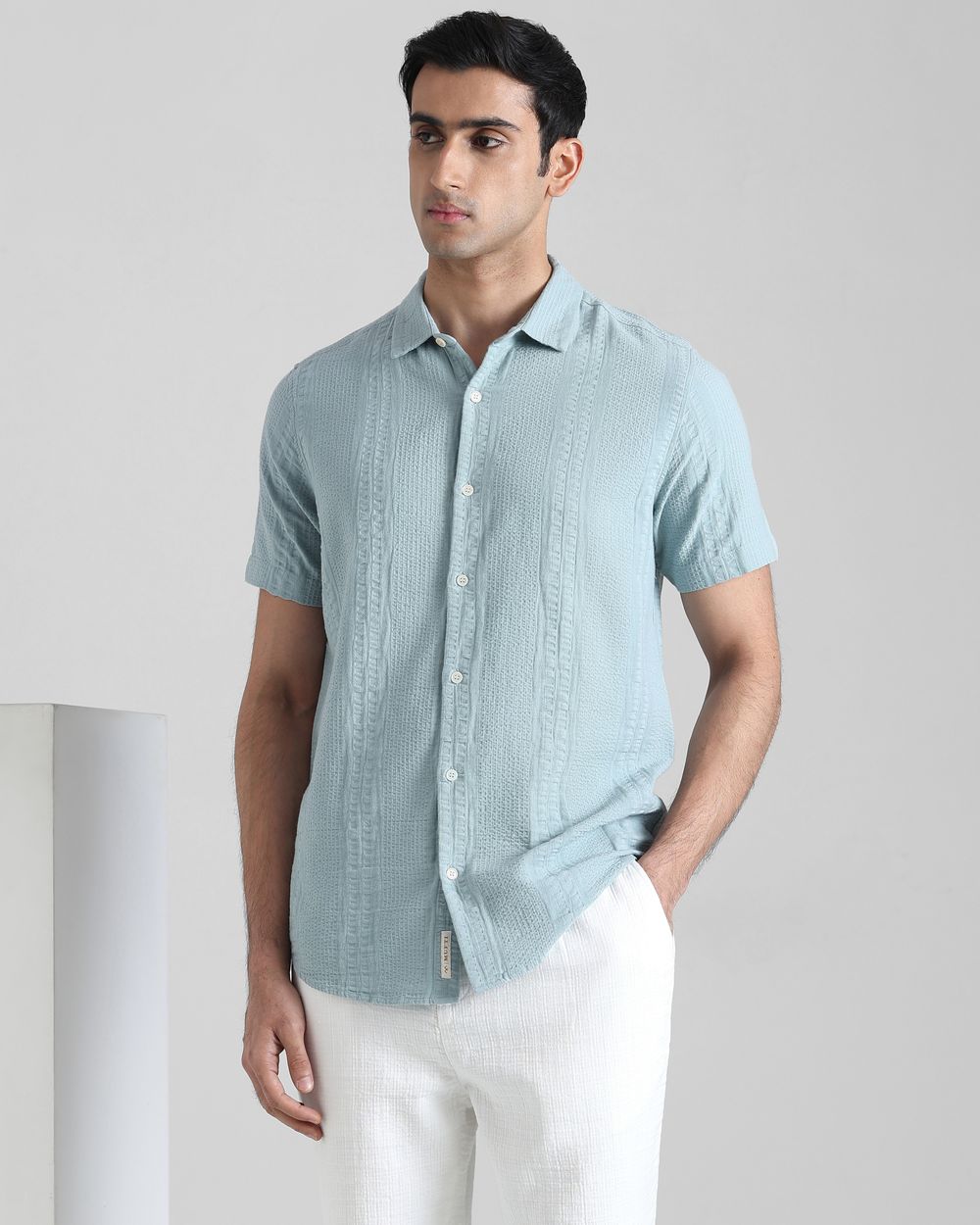Blue Grey Textured Plain  Slim Fit Casual Shirt