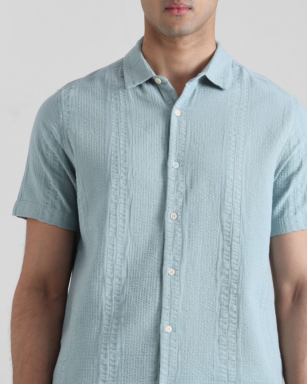 Blue Grey Textured Plain  Slim Fit Casual Shirt