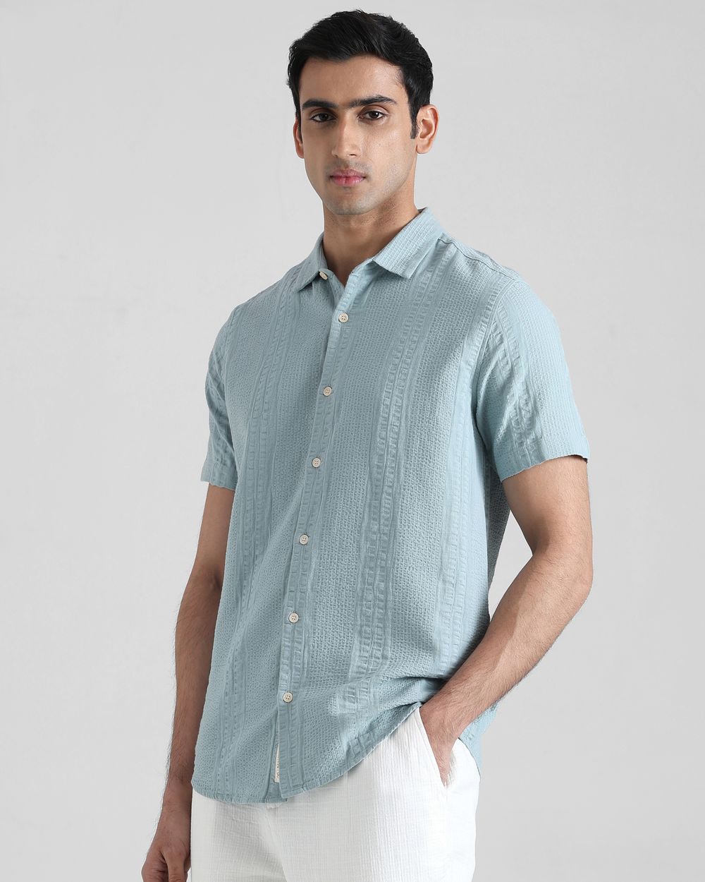 Blue Grey Textured Plain  Slim Fit Casual Shirt