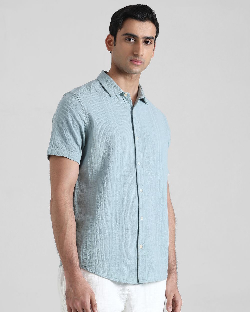 Blue Grey Textured Plain  Slim Fit Casual Shirt