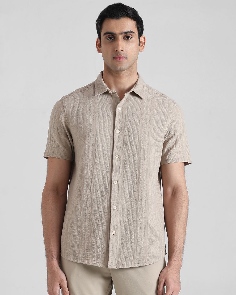 Beige Textured Plain  Slim Fit Casual Shirt
