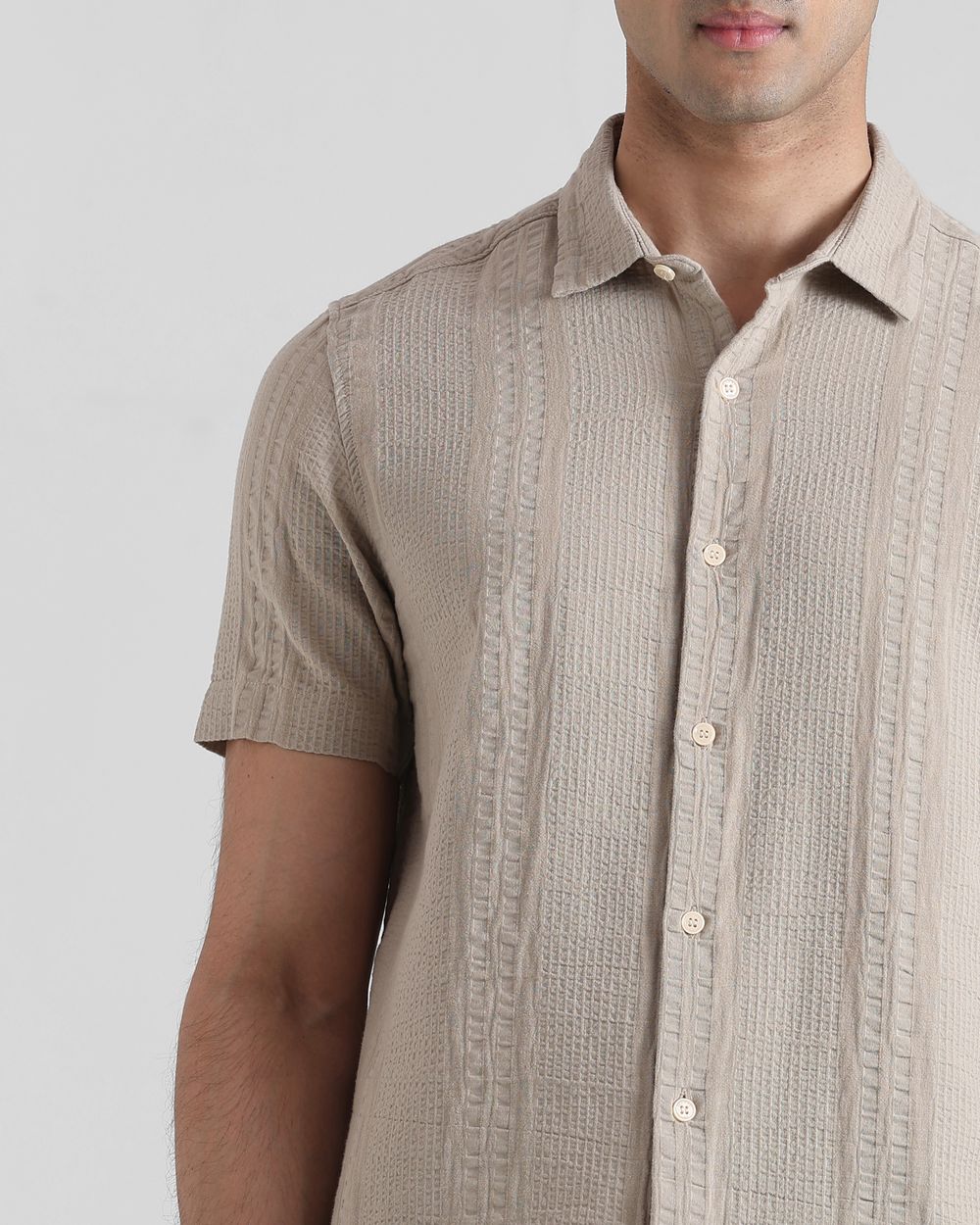 Beige Textured Plain  Slim Fit Casual Shirt
