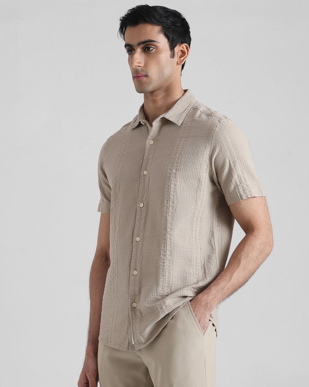 Beige Textured Plain  Slim Fit Casual Shirt