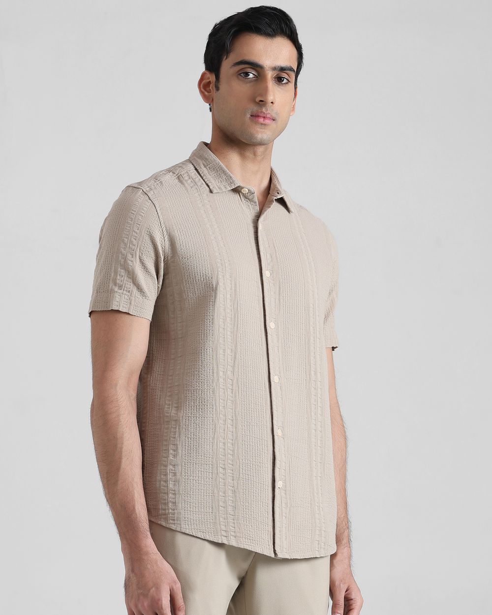Beige Textured Plain  Slim Fit Casual Shirt