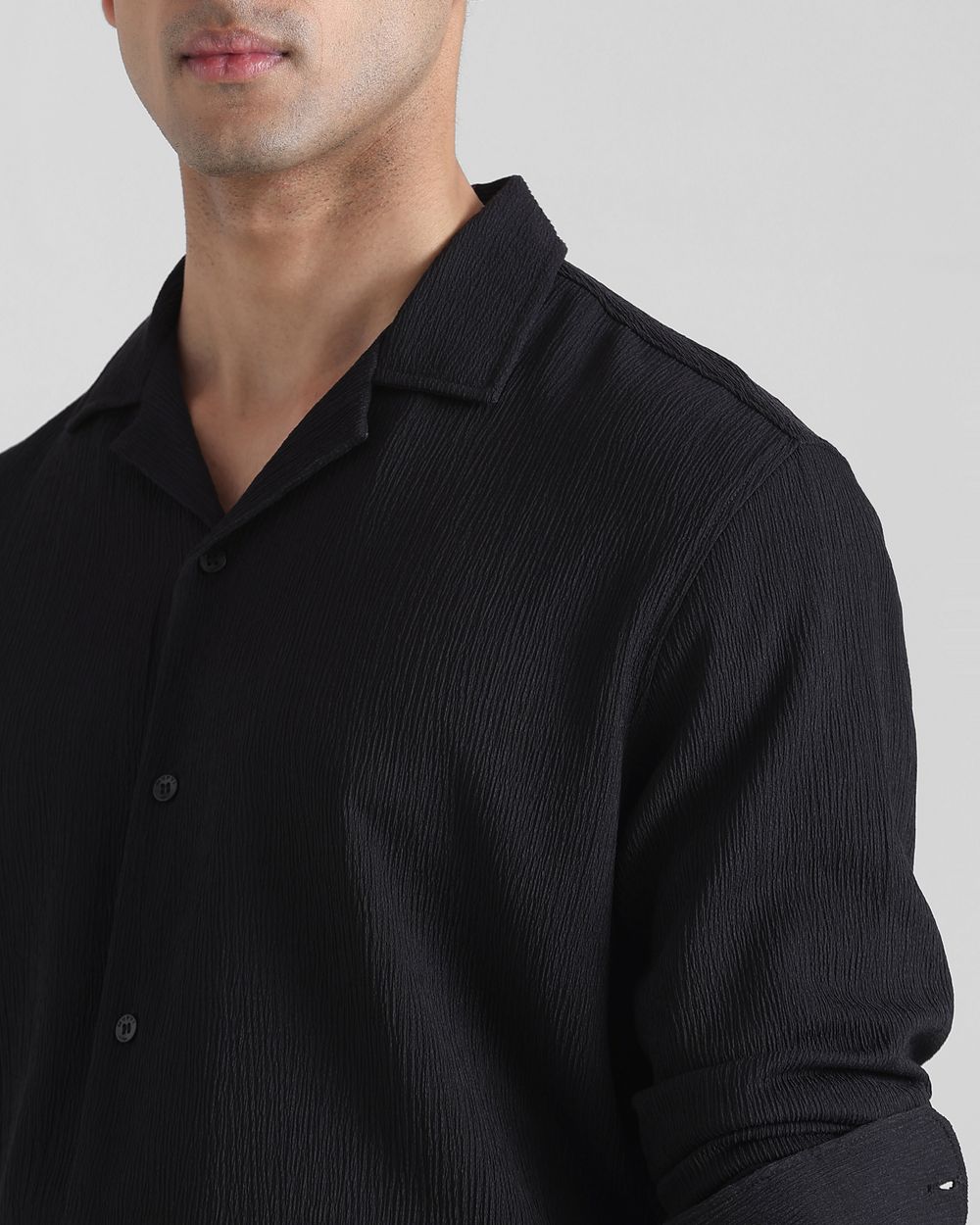Black Textured Plain  Slim Fit Casual Shirt