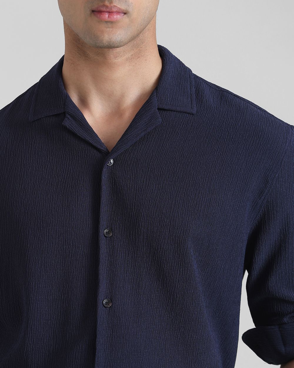 Navy Textured Plain  Slim Fit Casual Shirt