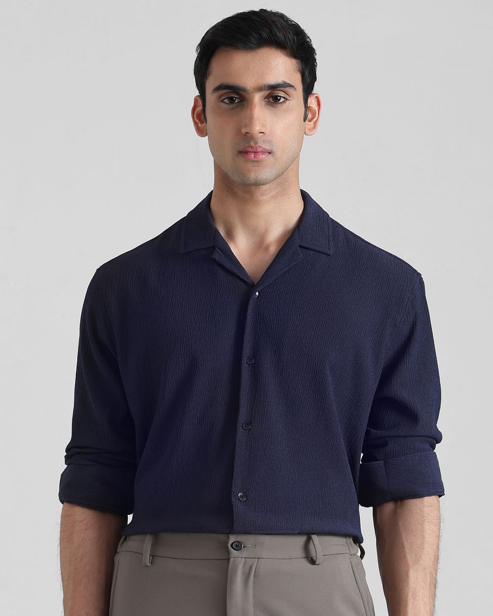 Navy Textured Plain  Slim Fit Casual Shirt
