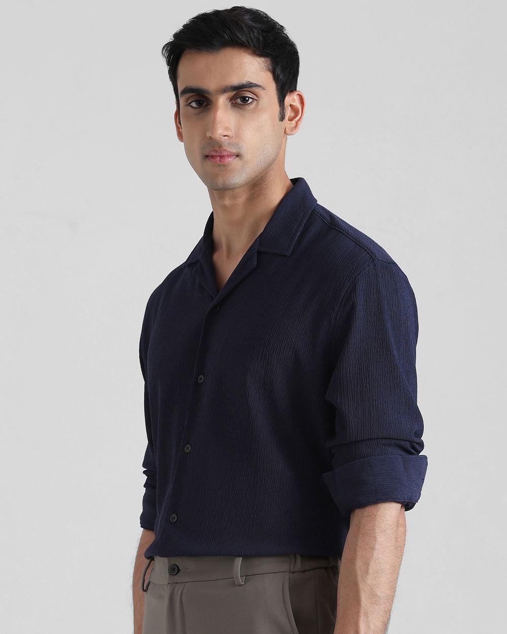 Navy Textured Plain  Slim Fit Casual Shirt