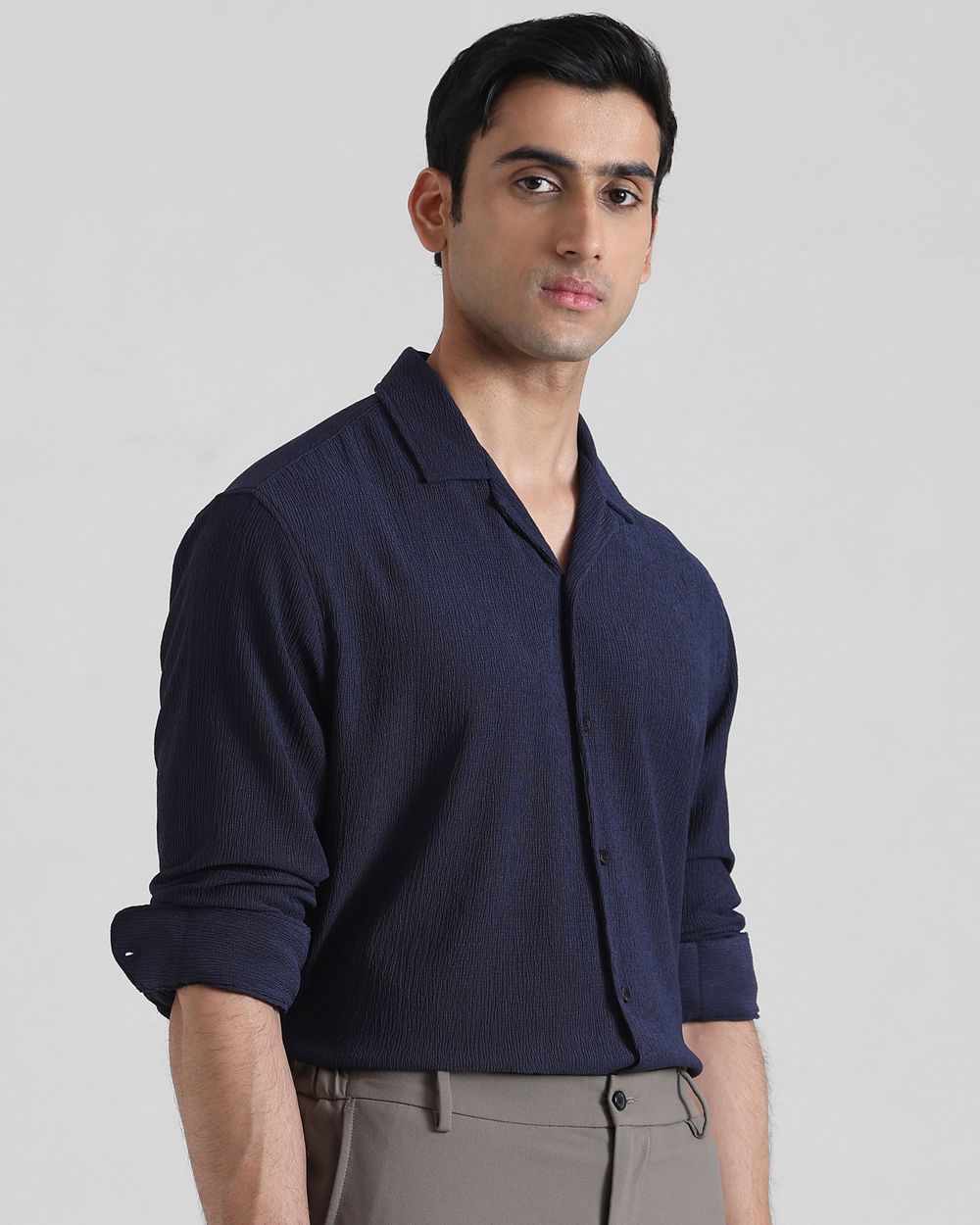 Navy Textured Plain  Slim Fit Casual Shirt
