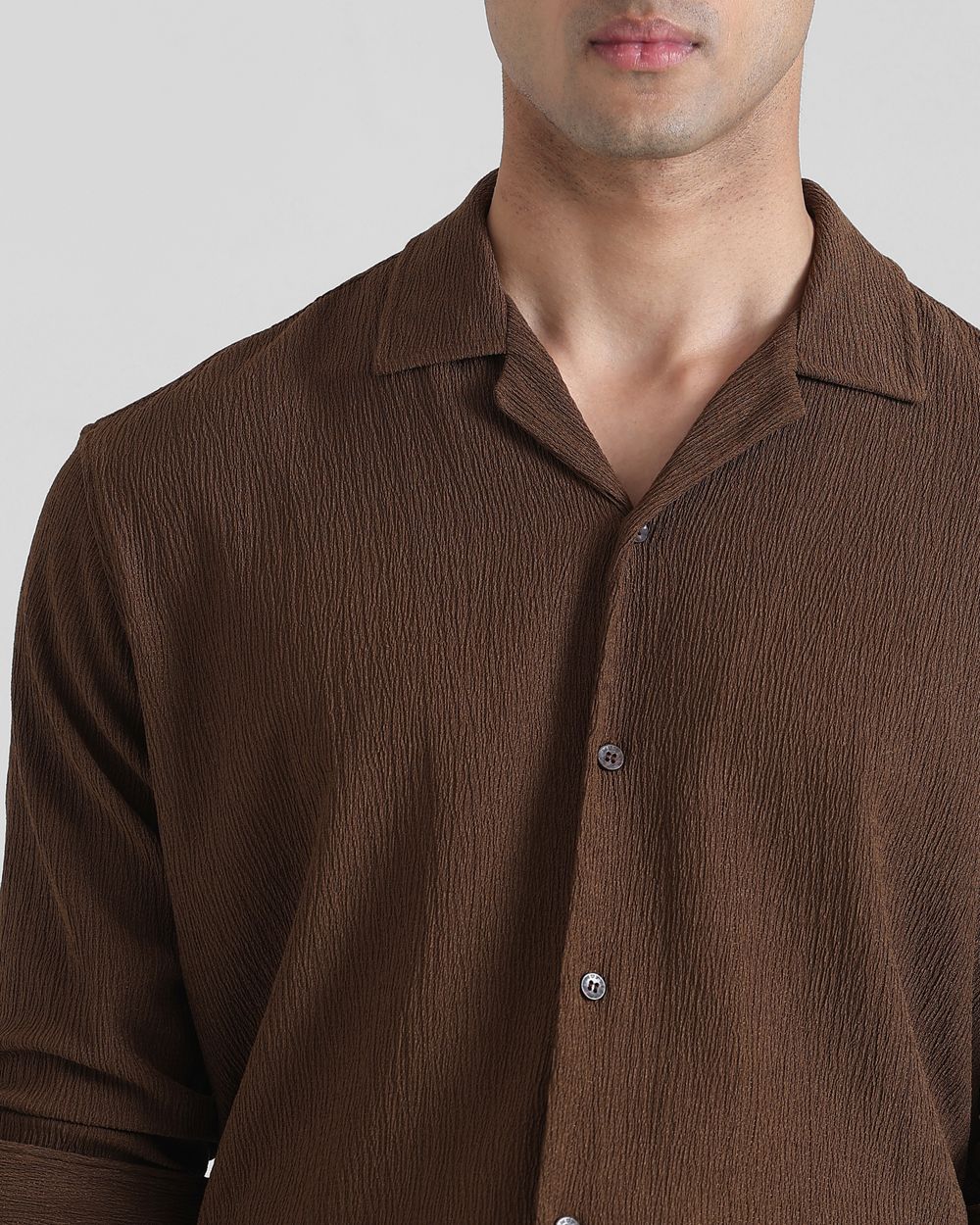 Brown Textured Plain  Slim Fit Casual Shirt