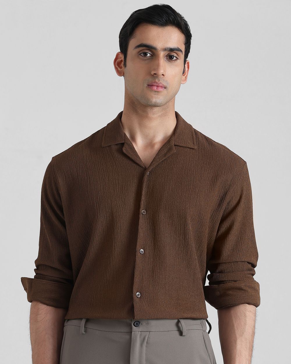 Brown Textured Plain  Slim Fit Casual Shirt