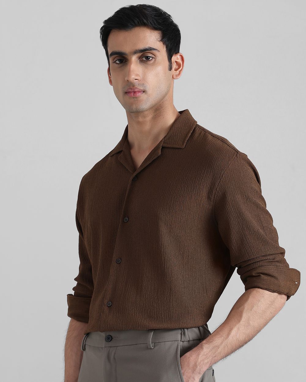 Brown Textured Plain  Slim Fit Casual Shirt