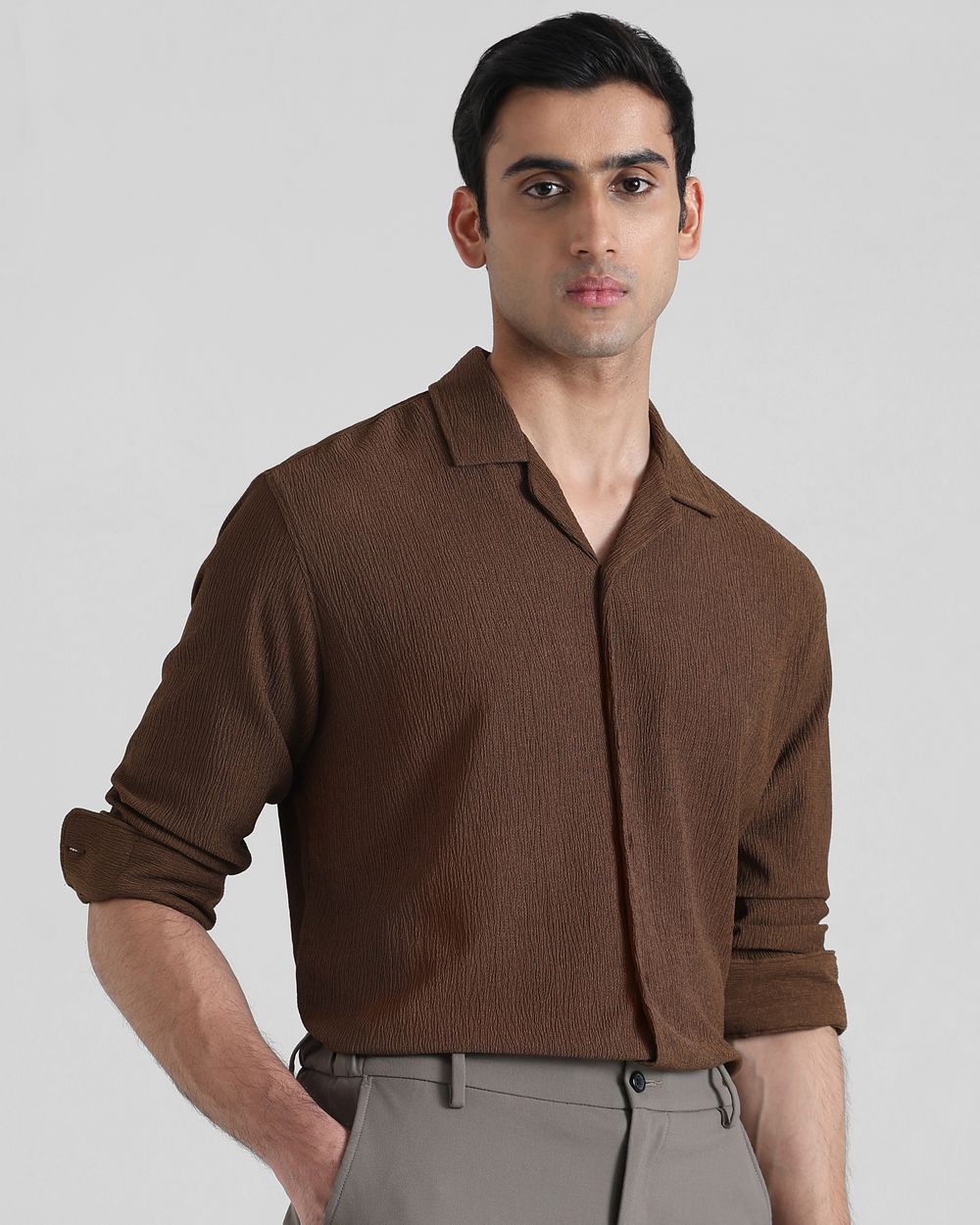 Brown Textured Plain  Slim Fit Casual Shirt