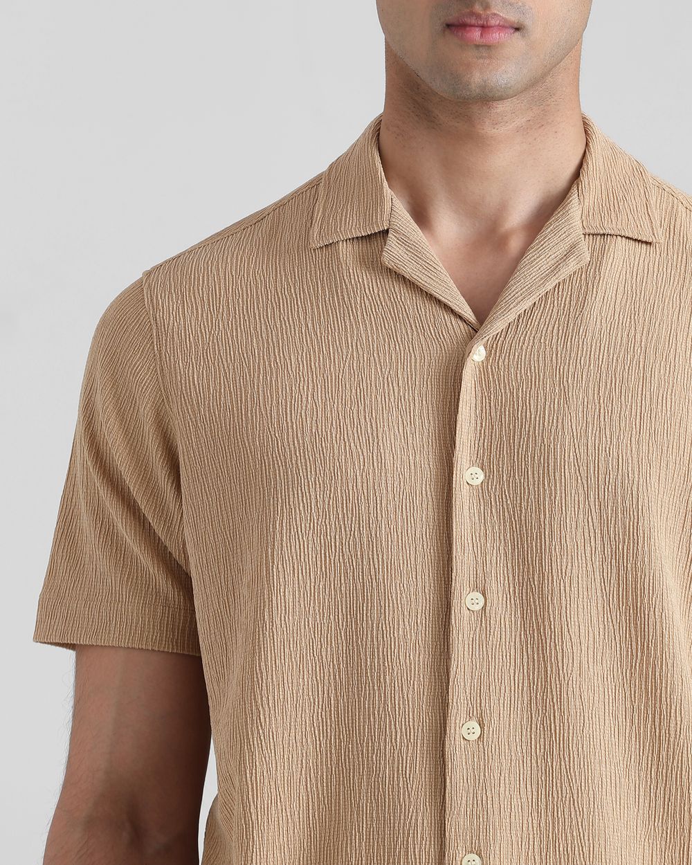 Khaki Textured Plain  Slim Fit Casual Shirt