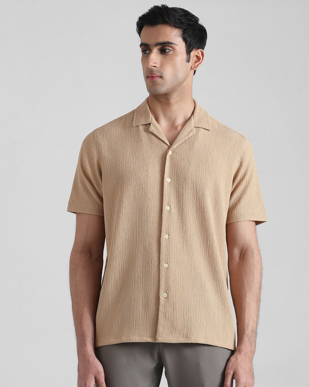 Khaki Textured Plain  Slim Fit Casual Shirt