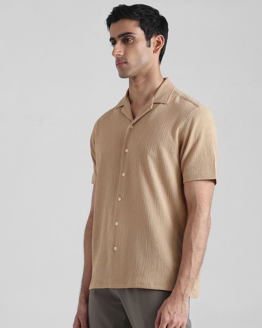 Khaki Textured Plain  Slim Fit Casual Shirt
