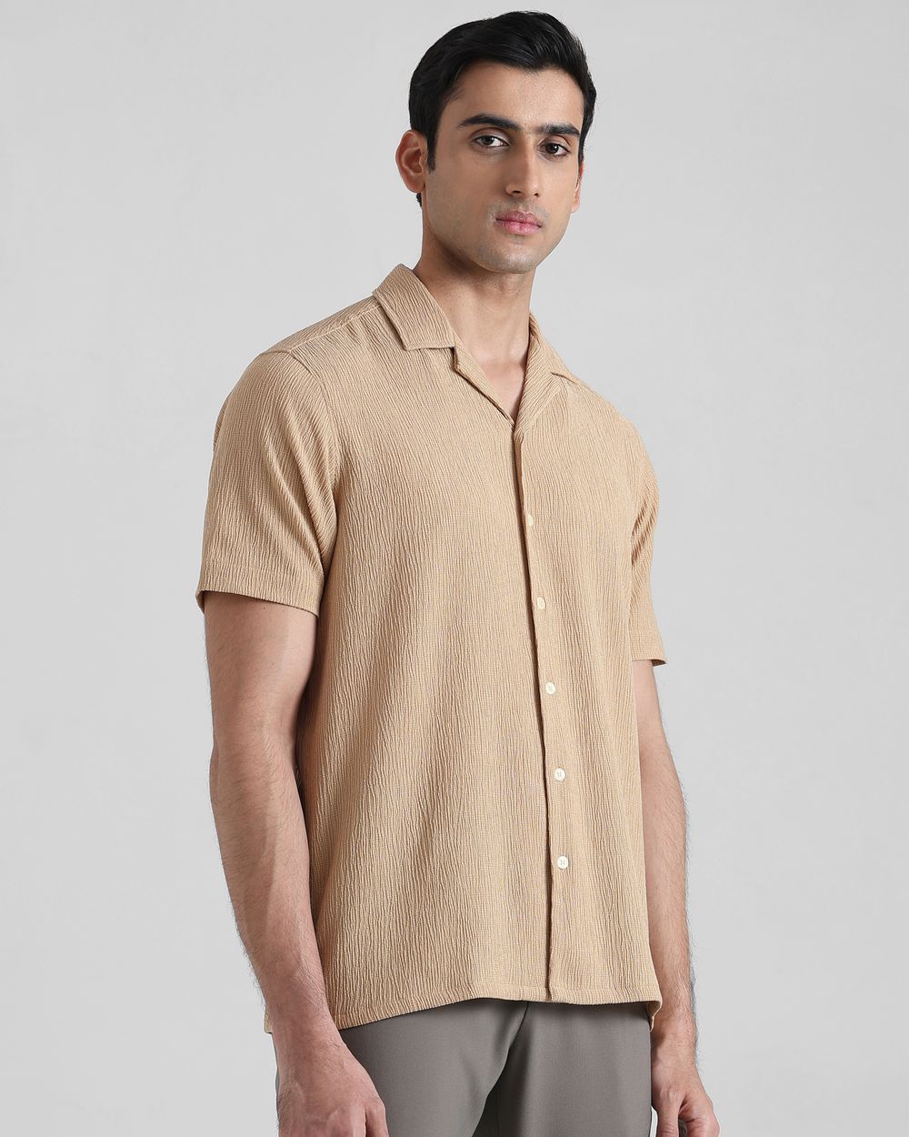 Khaki Textured Plain  Slim Fit Casual Shirt