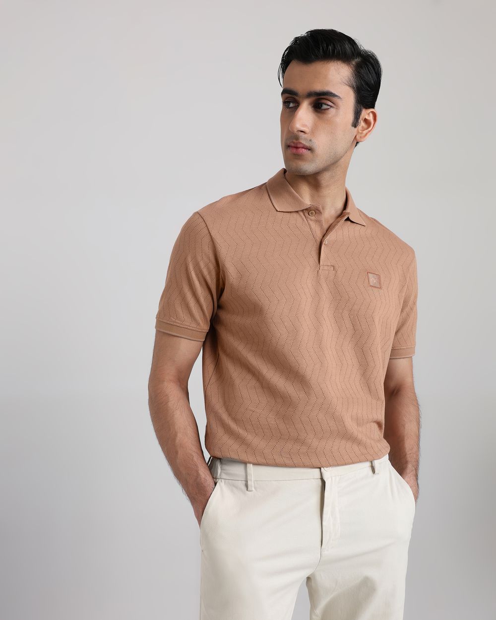 Khaki Textured Plain Regular Fit T-Shirt