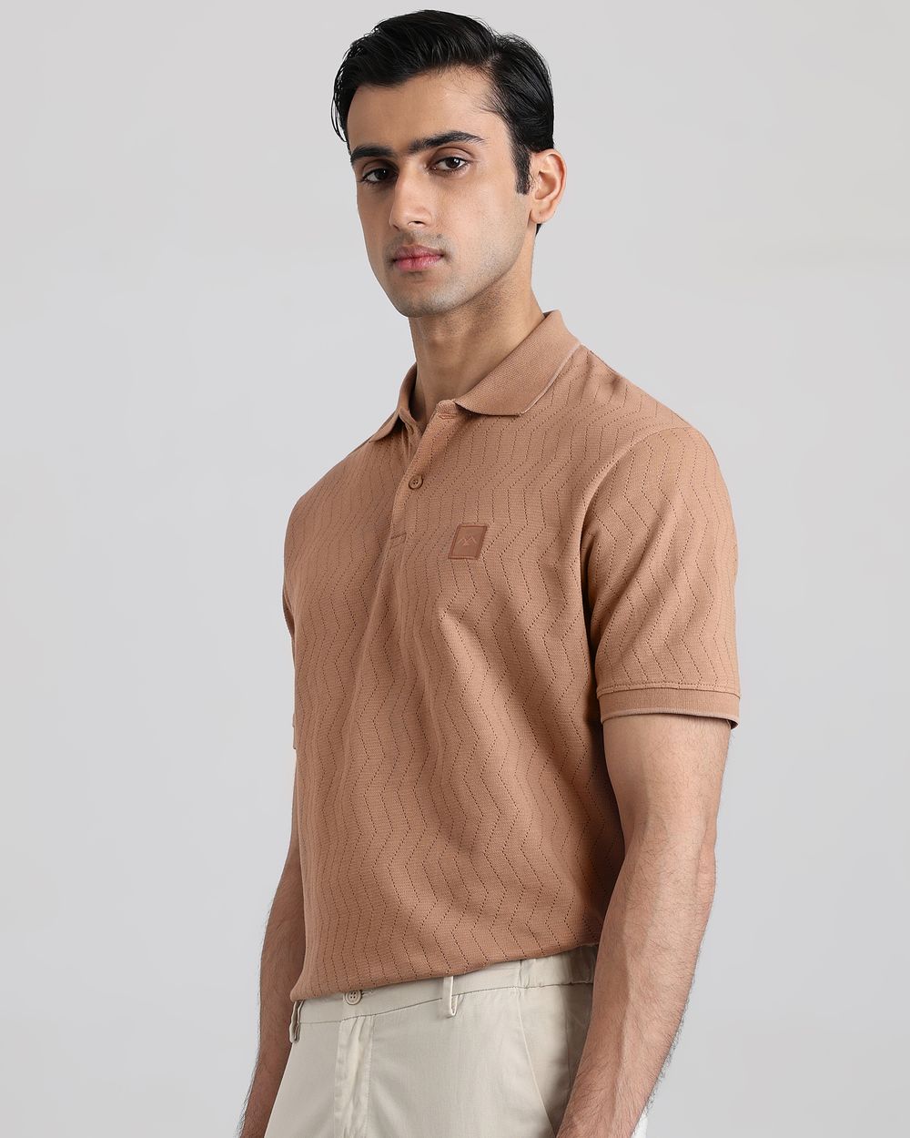 Khaki Textured Plain Regular Fit T-Shirt
