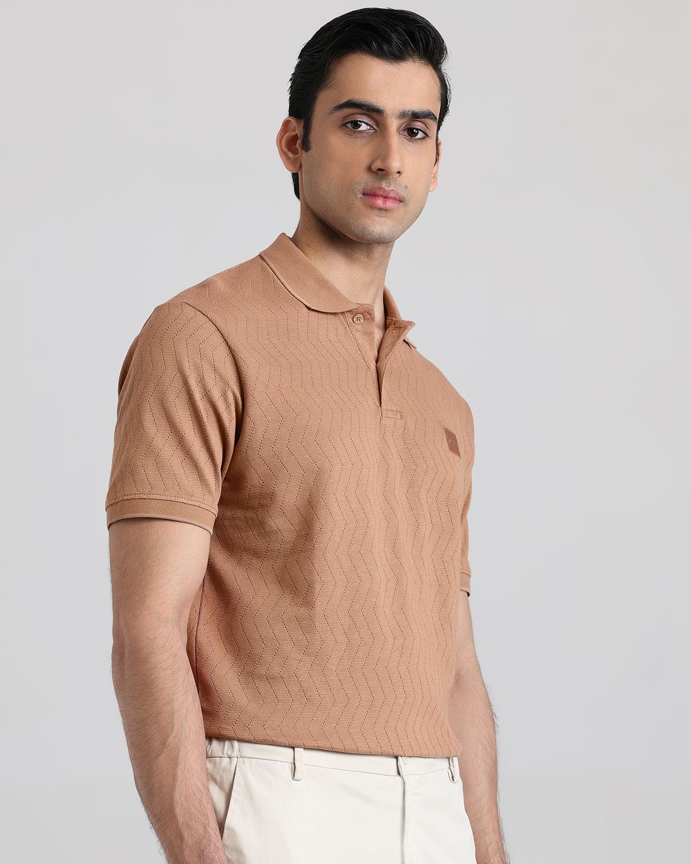Khaki Textured Plain Regular Fit T-Shirt