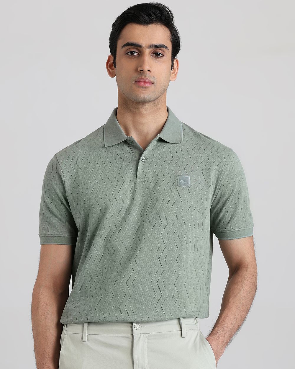 Sage Textured Plain Regular Fit T-Shirt