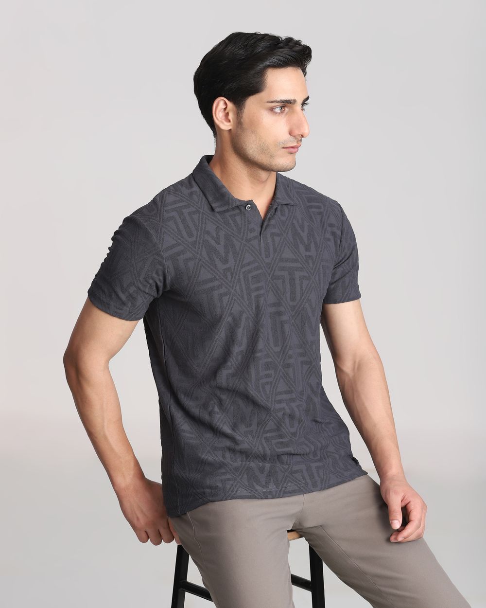 Charcoal Jacquard Plain Slim Fit T-Shirt