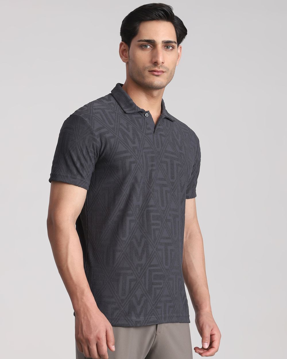 Charcoal Jacquard Plain Slim Fit T-Shirt