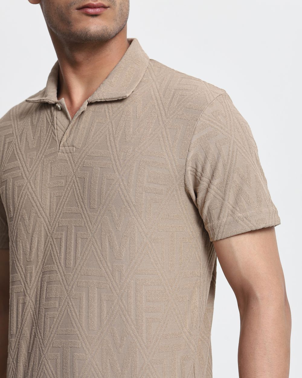 Beige Jacquard Plain Slim Fit T-Shirt