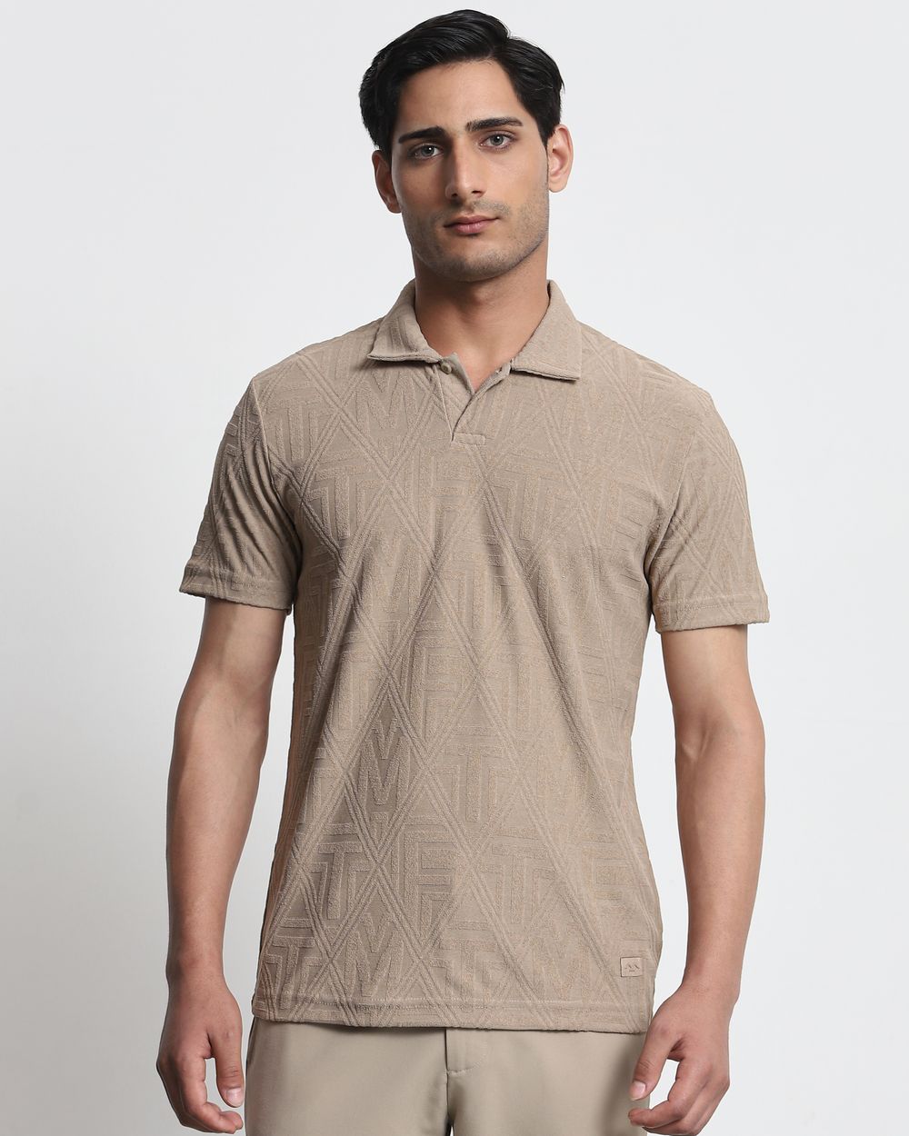 Beige Jacquard Plain Slim Fit T-Shirt