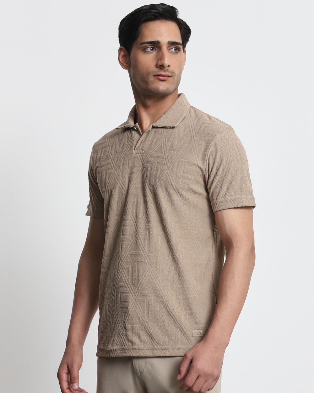 Beige Jacquard Plain Slim Fit T-Shirt