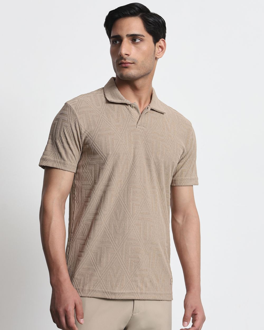 Beige Jacquard Plain Slim Fit T-Shirt