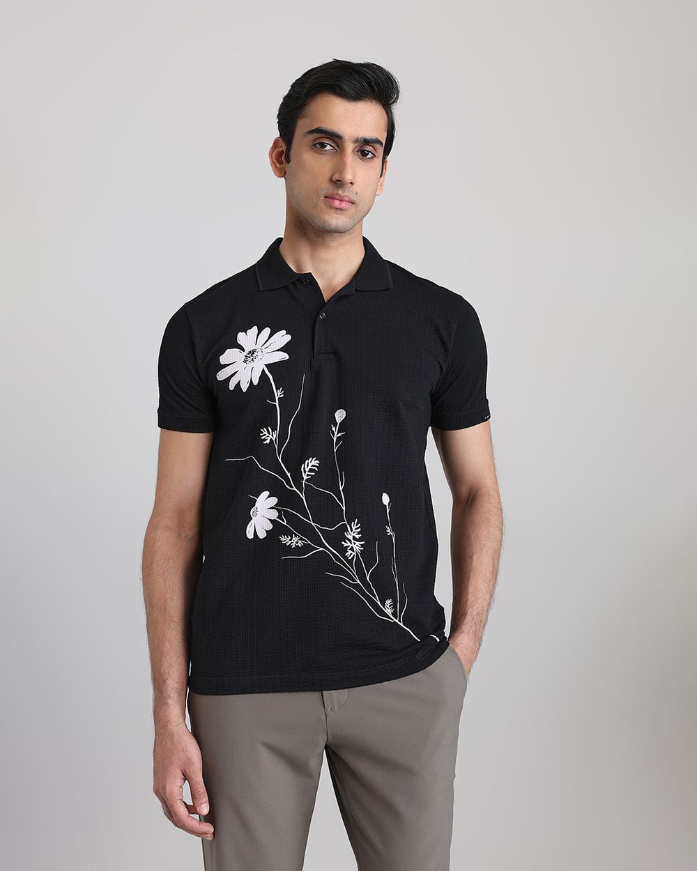 Black Textured Print Slim Fit T-Shirt