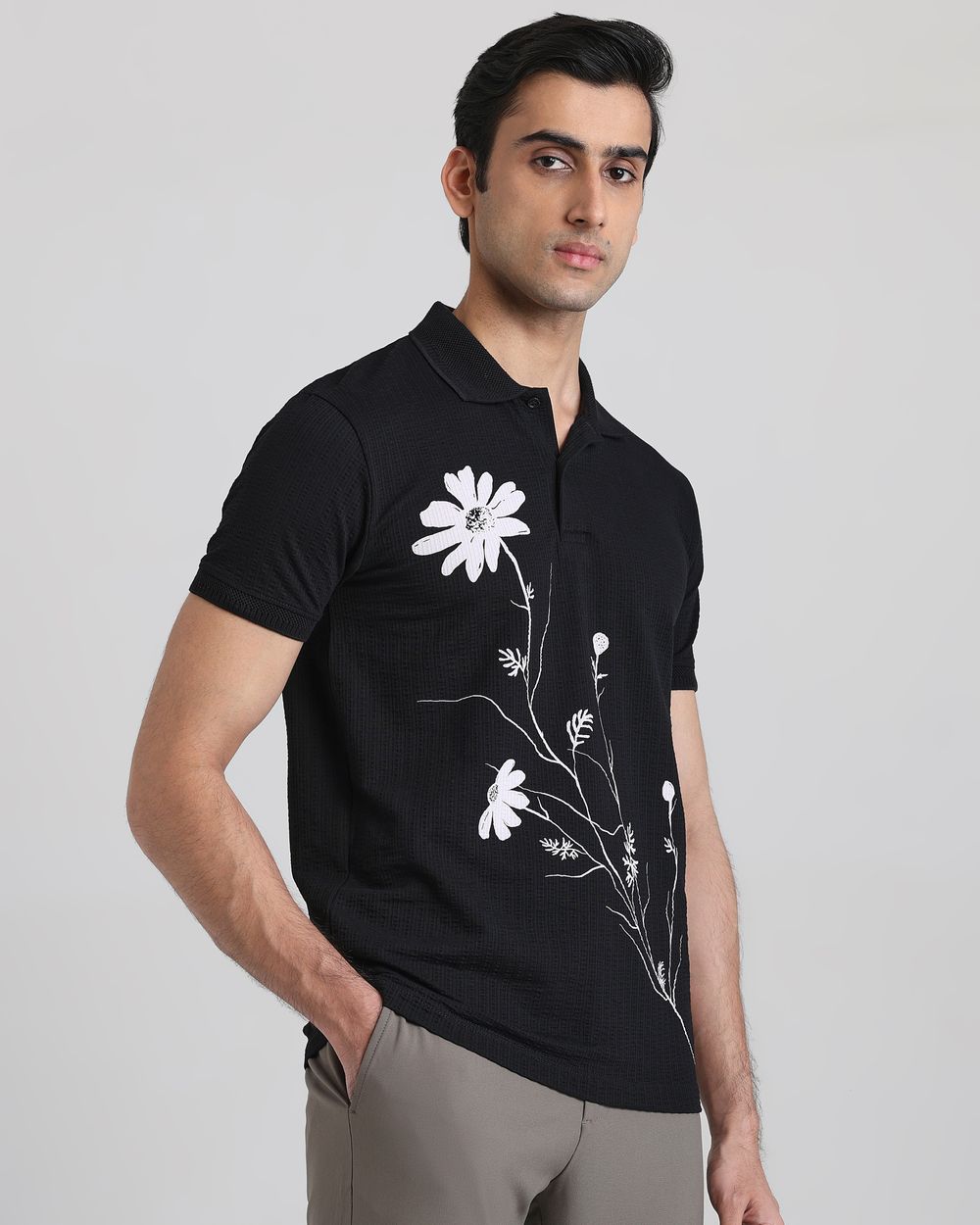 Black Textured Print Slim Fit T-Shirt