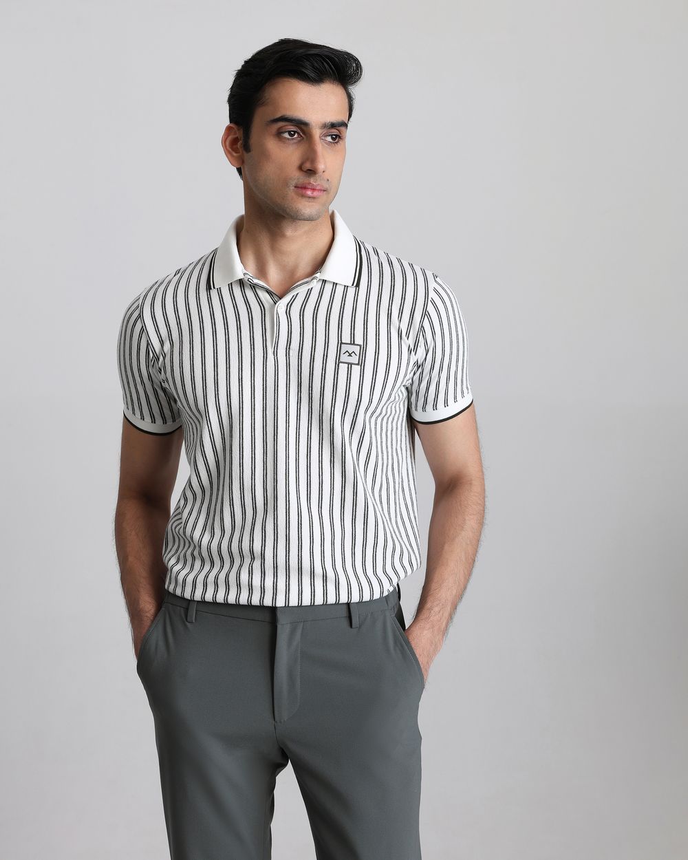 White Terry-Towel Stripe Slim Fit T-Shirt
