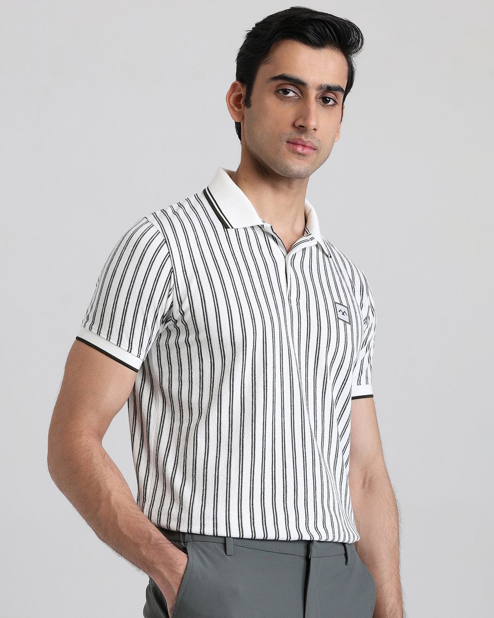 White Terry-Towel Stripe Slim Fit T-Shirt