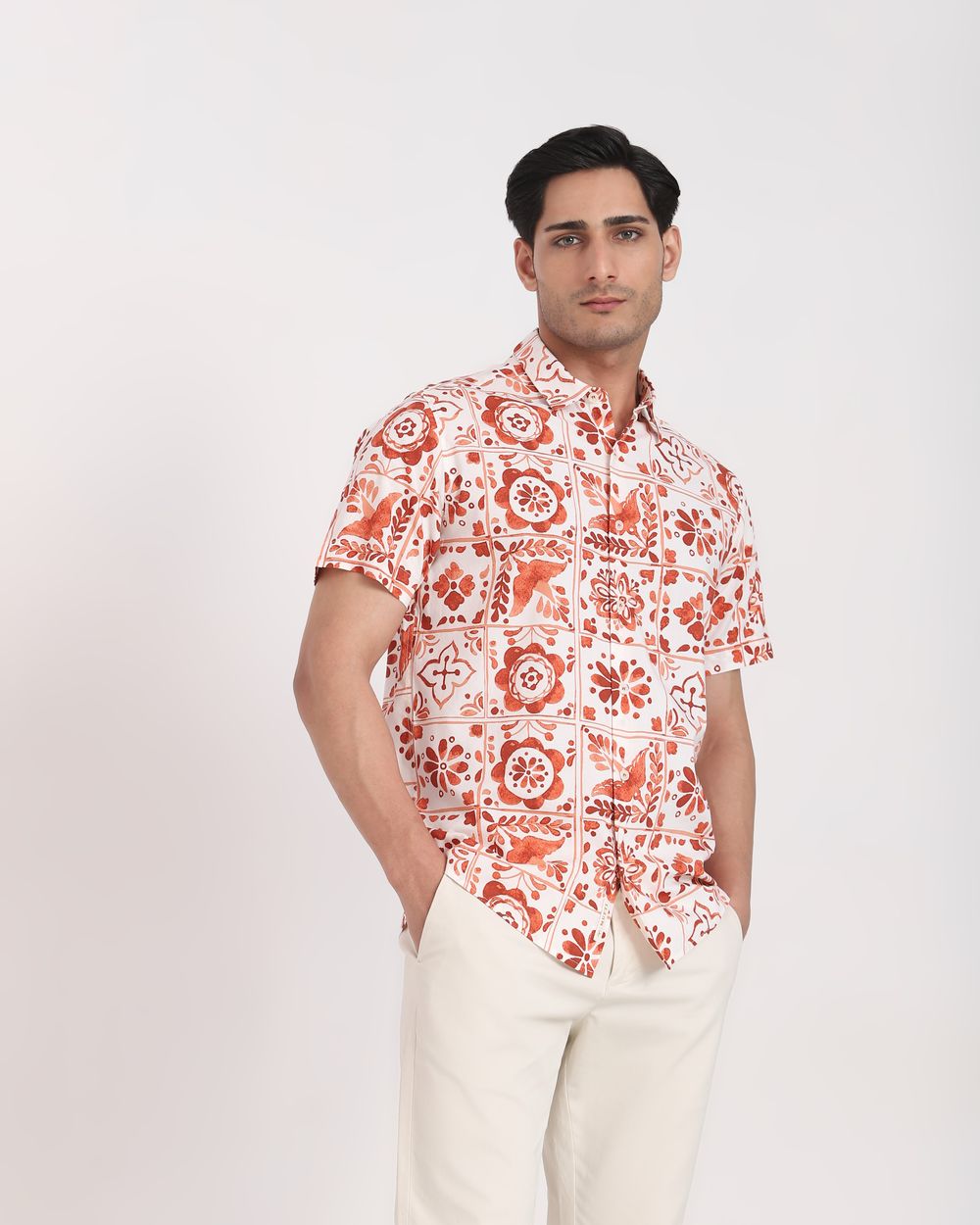 Rust Tile Print Slim Fit Casual Shirt