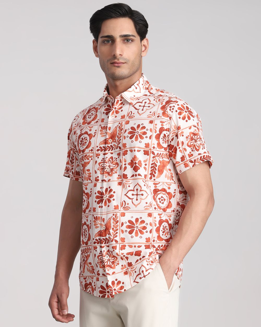 Rust Tile Print Slim Fit Casual Shirt