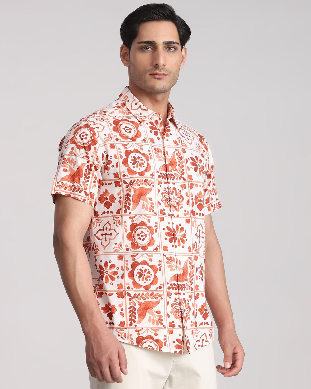 Rust Tile Print Slim Fit Casual Shirt