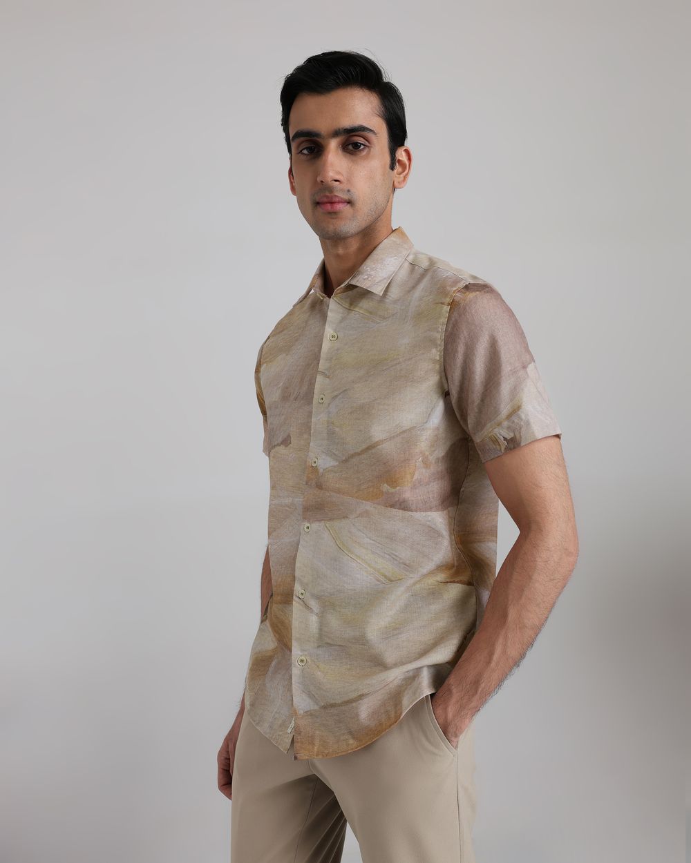Beige Resort Print Slim Fit Casual Shirt