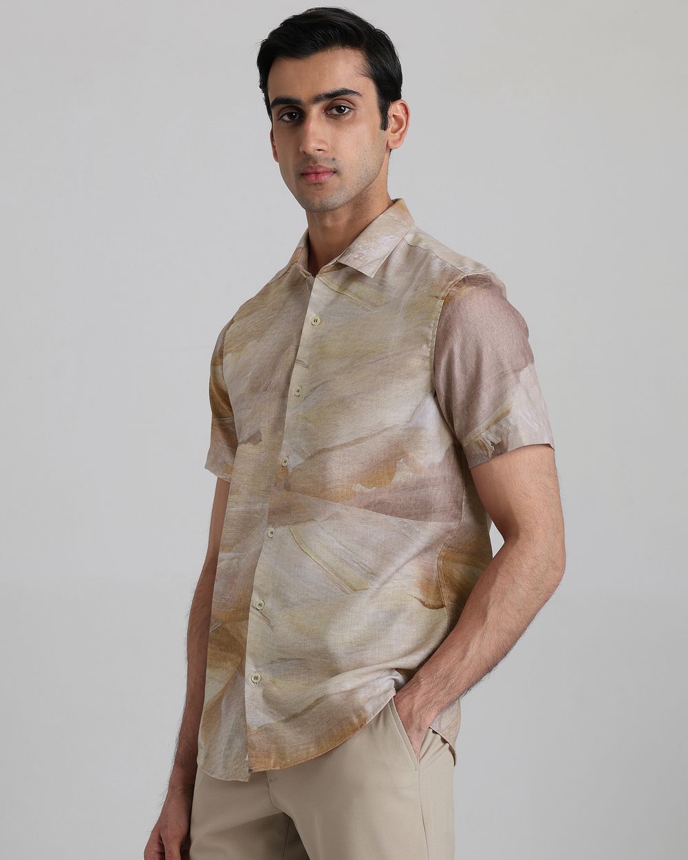 Beige Resort Print Slim Fit Casual Shirt