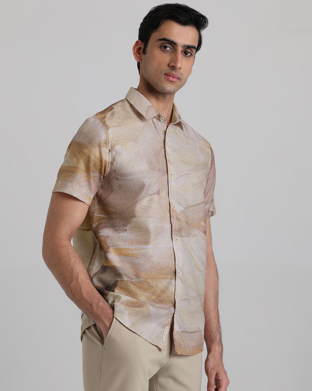Beige Resort Print Slim Fit Casual Shirt