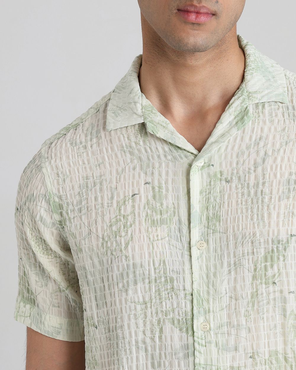 Light Green Textured Print Relaxed Fit Casual Shirt