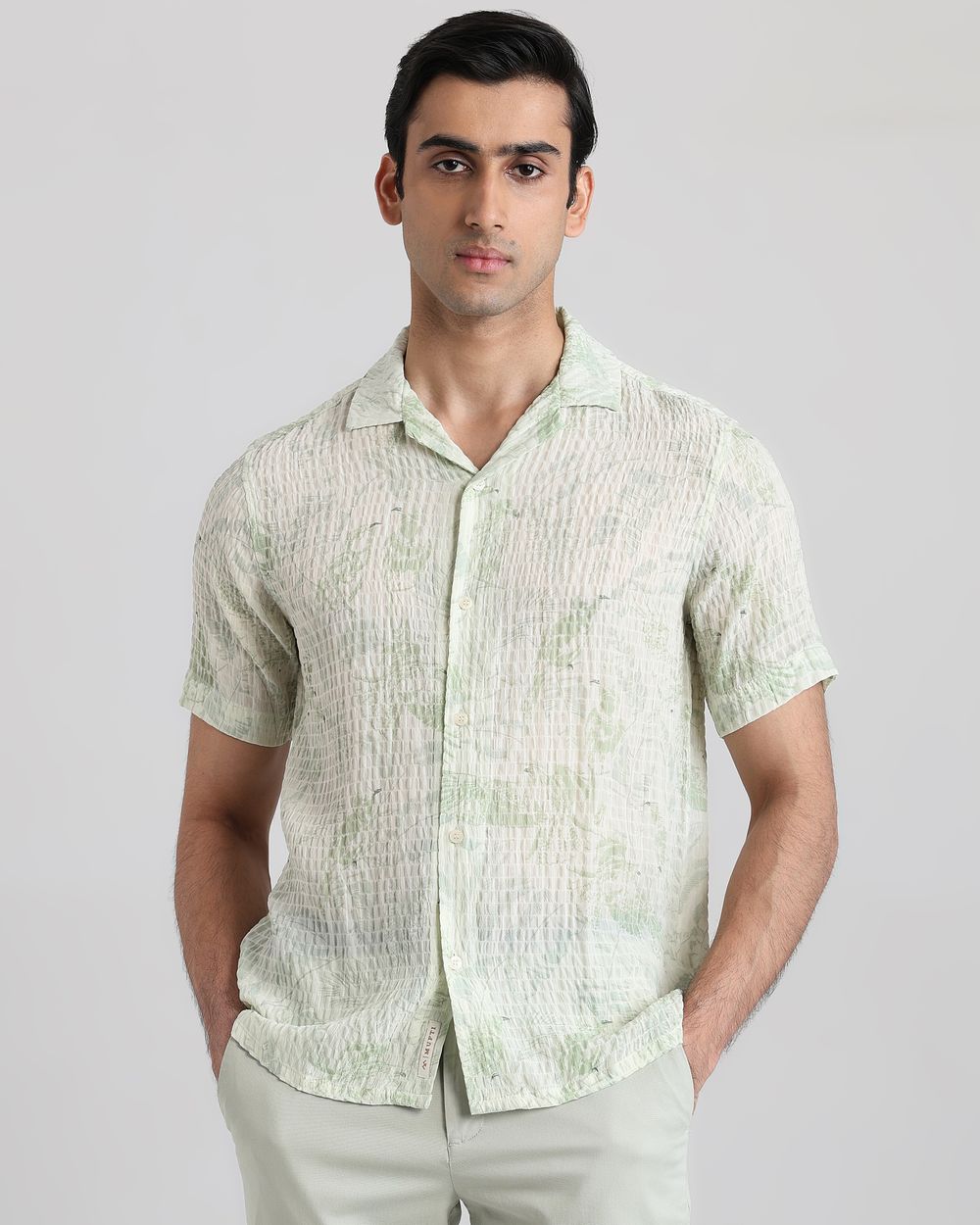 Light Green Textured Print Relaxed Fit Casual Shirt
