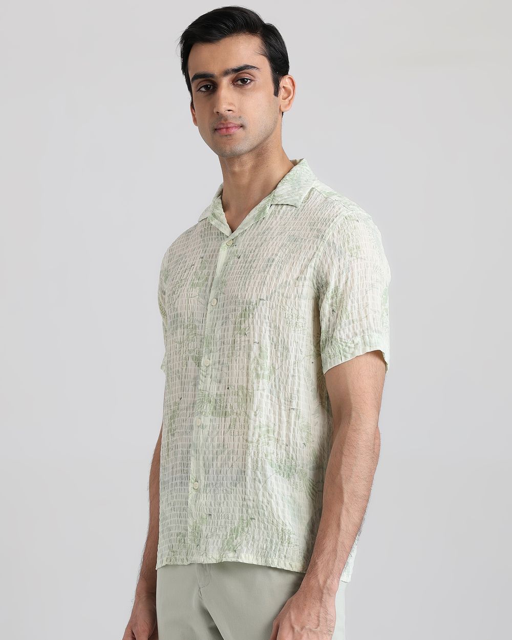 Light Green Textured Print Relaxed Fit Casual Shirt