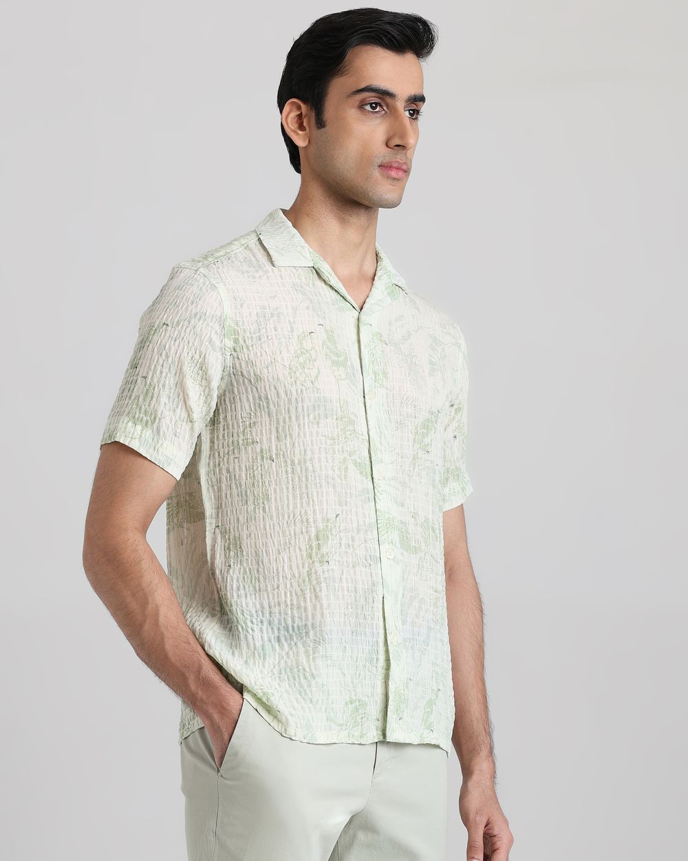 Light Green Textured Print Relaxed Fit Casual Shirt
