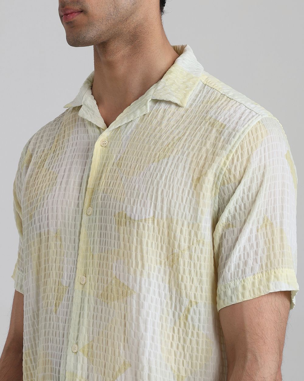 Light Yellow Textured Print Relaxed Fit Casual Shirt