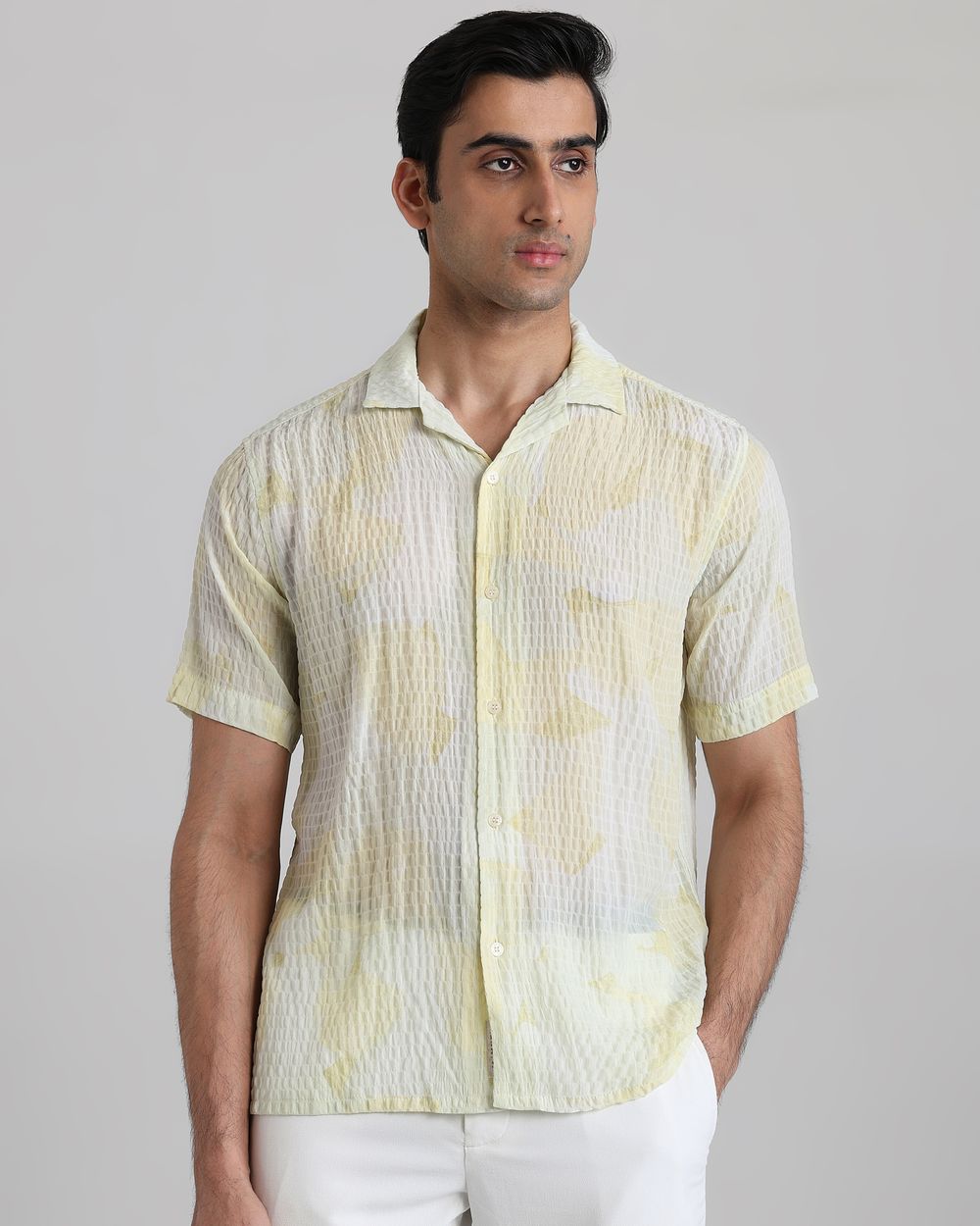 Light Yellow Textured Print Relaxed Fit Casual Shirt