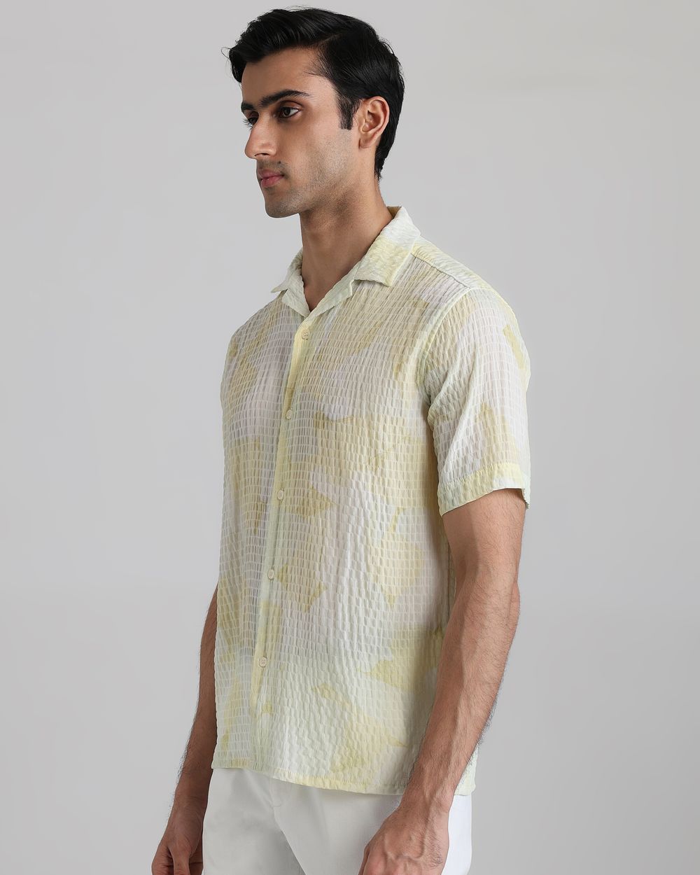 Light Yellow Textured Print Relaxed Fit Casual Shirt
